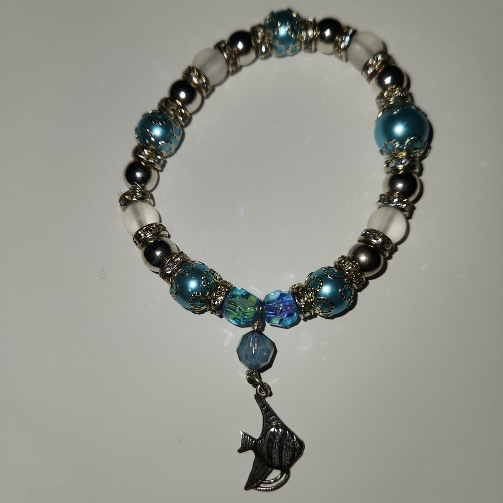 Silver And Blue Angelfish Beaded Bracelet